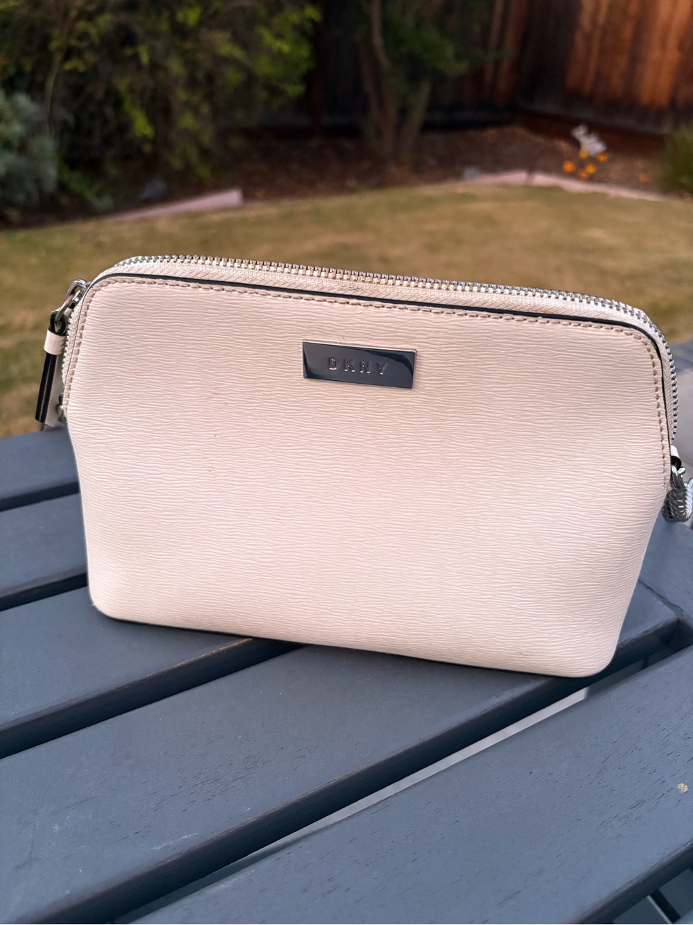 DKNY Optic White Leather Wristlet Clutch with Silver Hardware